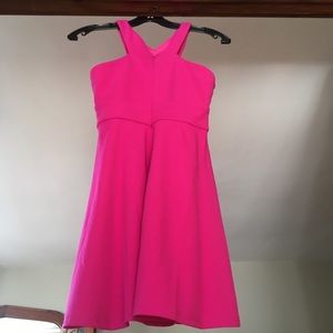 Lulus Bright Pink Medium Stretchy Knit Skater Dress with a peekaboo cut out